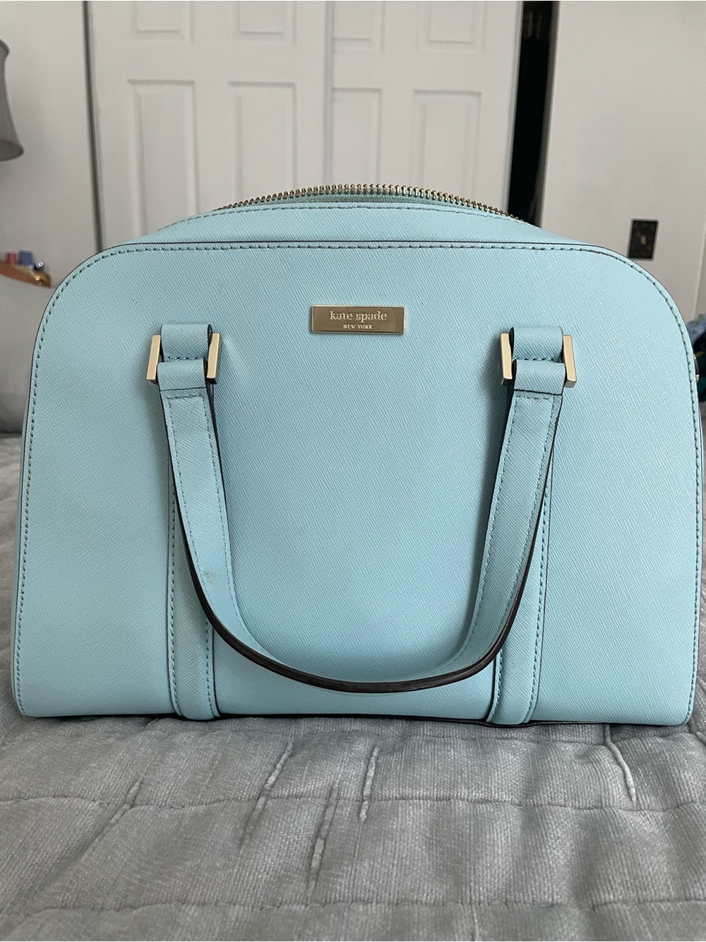 kate spade light blue structured satchel with silver hardware
